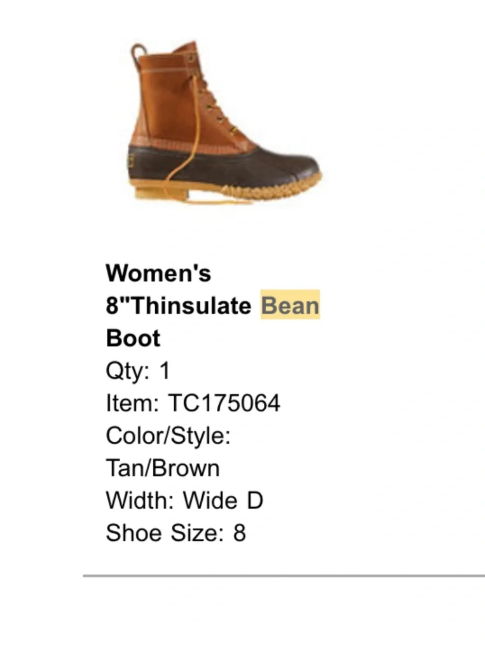L.L. Bean Women’s Bean Boot — Tan and Dark Brown — Size 8W